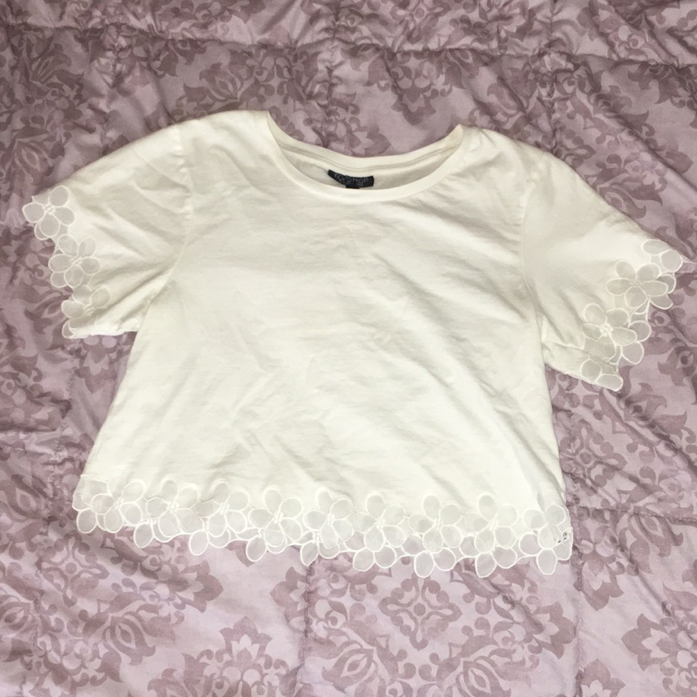 Top Shop white crop top with floral trim size 2